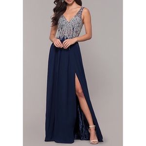 Rhinestone Bodice Navy V-Neck Prom Dress